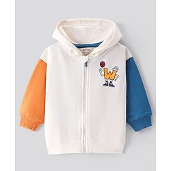 Bonfino 100% Cotton French Terry Full Sleeves Colour Block Drop Shoulder Zipper Hoodie With Chest and Back Text Print - White