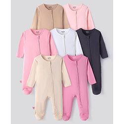 Bonfino 100% Cotton Knit Full Sleeves Footed Front Open Sleepsuits Solid Colour Pack of 7 - Ivory Pink  & Grey