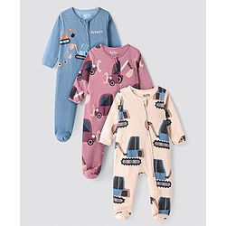 Bonfino 100% Cotton Knit Full Sleeve Sleep Suits With Vehicle  Print Pack Of 3 - Blue Rose Gold & Off White