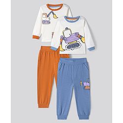 Bonfino Boys 100% Cotton Knit Full Sleeves Vehicle Printed Night Suits Pack of 2 - Orange & Blue