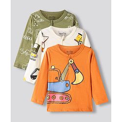 Bonfino Cotton Knit Full Sleeves Vehicles Printed Henley Neck T-Shirts Pack of 3 - Olive Green Orange & Off White