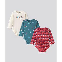Bonfino Cotton Knit Half Sleeves Onesies with Cars Print Pack Of 3 - Green White & Red