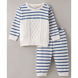 Bonfino 100% Cotton Knit Full Sleeves Striped Sweater & Joggers Winter Wear Suit - White & Blue