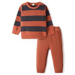 Bonfino 100% Cotton Knitted Full Sleeves Striped Sweater Set - Rust Orange & Grey