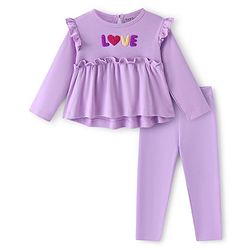 Bonfino 100% Cotton Full Sleeves Frill Detailed Top & Leggings Set With Text Applique - Lilac