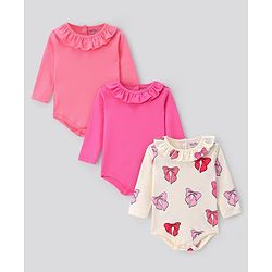 Bonfino 100% Cotton Knit Full Sleeves Onesies with Frill Detailing  Solid  & Bow Print Pack of 3 - Pink & White