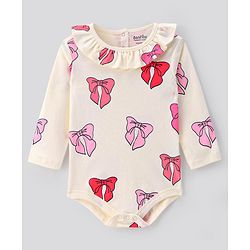 Bonfino 100% Cotton Knit Full Sleeves Onesies with Frill Detailing  Solid  & Bow Print Pack of 3 - Pink & White