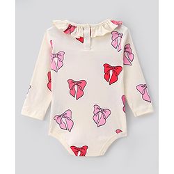 Bonfino 100% Cotton Knit Full Sleeves Onesies with Frill Detailing  Solid  & Bow Print Pack of 3 - Pink & White