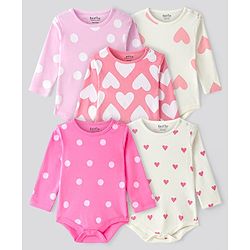 Bonfino 100% Cotton Knit Full Sleeves Hearst & Polka Dot Printed Onesies Pack of 5 -  Off White & Pink