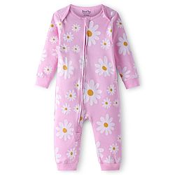 Bonfino 100% Cotton Knit Full Sleeves Floral Printed Sleepsuit - Light Pink