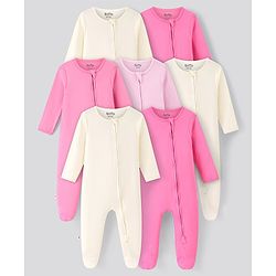 Bonfino 100% Cotton Knit Full Sleeves Solid Color Sleep Suits Pack Of 7 - Pink & Beige