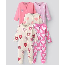 Bonfino 100% Cotton Knit Full Sleeves Sleep Suits With Hearts & Polka Dots Print Pack Of 5 - Light Pink Off White & Pink