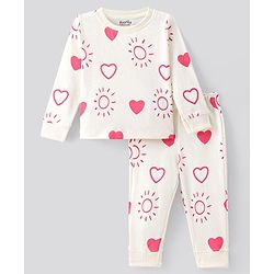 Bonfino 100% Cotton Knit Full Sleeves Night Suit With Hearts - Off White