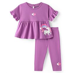 Bonfino 100% Cotton Knit Half Sleeves Top & Leggings Set With Unicorn & Hearts Print - Purple