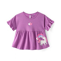 Bonfino 100% Cotton Knit Half Sleeves Top & Leggings Set With Unicorn & Hearts Print - Purple