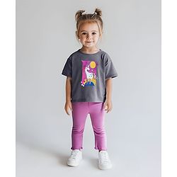 Bonfino 100% Cotton Knit Half Sleeves Unicorn Printed Oversized T-Shirt & Leggings Set - Dark Grey & Purple