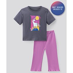 Bonfino 100% Cotton Knit Half Sleeves Unicorn Printed Oversized T-Shirt & Leggings Set - Dark Grey & Purple