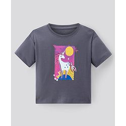 Bonfino 100% Cotton Knit Half Sleeves Unicorn Printed Oversized T-Shirt & Leggings Set - Dark Grey & Purple