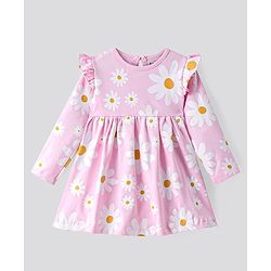 Bonfino 100% Cotton  Knit Full Sleeves Frock with Floral Print & Frill Detailing - Pink