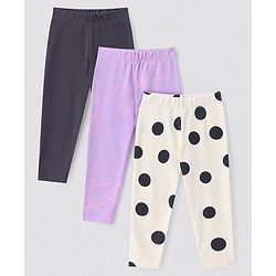 Bonfino 100% Cotton Knit  Solid Leggings Polka Dots Print Pack of 3 - Dark Grey Off White & Lilac