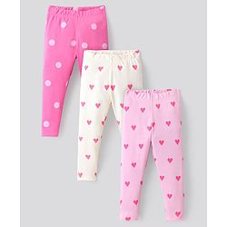 Bonfino Cotton Knit Full Length Leggings with Polka Dot & Hearts Print Pack of 3 - Pink