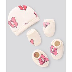 Bonfino Cotton Knit Cap Mittens & Booties Set Bow Print Off White - Diameter 11.5 cm