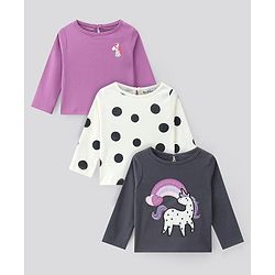 Bonfino 100% Cotton  Knit Full Sleeves T-Shirt with Unicorn Embroidery & Polka Dots Print Pack of 3 - Purple White & Black