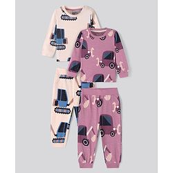 Bonfino 100% Cotton Knit Full Sleeves Vehicle Printed Night Suits Pack of 2 - Light Pink & Plum