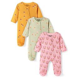 Bonfino 100% Cotton Knit Full Sleeves Floral & Animal Printed Sleep Suits Pack of 3 - Yellow Grey & Pink