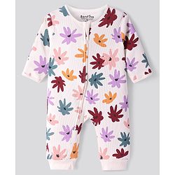 Bonfino 100% Cotton Rib Full Sleeves Sleep Suit With Floral Print - Off White