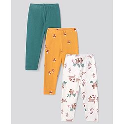 Bonfino Cotton Knit Full Length Floral Printed Leggings Pack of 3 - Sea Green Yellow & Light Pink