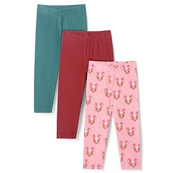 Bonfino 100% Cotton Rib Full Length Leggings With Solid Color & Deer Print Pack Of 3 - Maroon Teal & Pink