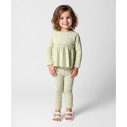 Bonfino 100% Cotton Rib Fabric Full Sleeves Floral Printed Top & Leggings Set -Olive Green