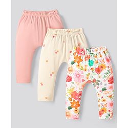 Bonfino 100% Cotton Knit Full Length Diaper Leggings With Solid & Floral Print Pack Of 3 - Off White Pink & White