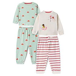 Bonfino 100% Cotton Knit Full Sleeves Striped Night Suits With Floral & Rainbow Print Pack Of 2 - Light Grey & Mint