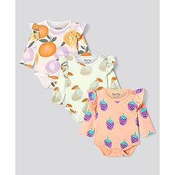 Bonfino 100% Cotton Full Sleeves Onesies With Fruit Print & Frill Detailing Pack Of 3 - Peach Light Green & Purple