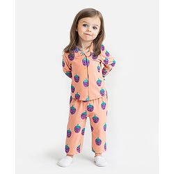 Bonfino 100% Cotton Full Sleeves Front Open Night Suit With Strawberries Print - Peach