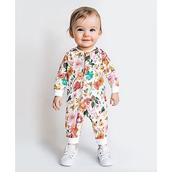 Bonfino 100% Cotton Knit Full Sleeves Sleep Suit With Floral Print - Bright White