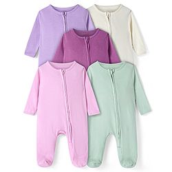 Bonfino 100% Cotton Knit Full Sleeves Solid Colour  Sleep Suits Pack of 5 - Off White Lilac & Purple