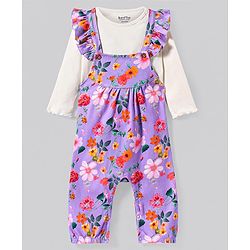 Bonfino 100% Cotton Knit Dungaree  with Full Sleeves T-Shirt Floral Print with Frill Detailing - Purple