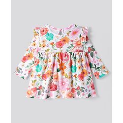 Bonfino 100% Cotton Knit Full Sleeves Floral Printed Frock with Frill Detailing  - White