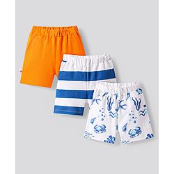 Bonfino 100% Cotton Knit Above Knee Length Shorts With Sea Animals Print Pack of 3 - Orange & White
