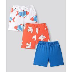 Bonfino 100% Cotton Knit Above Knee Length Shorts With Fish & Bird Print Pack Of 3 - Blue White & Orange