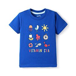 Bonfino Cotton Knit Half Sleeve T-Shirts With Sea Theme Print - Blue