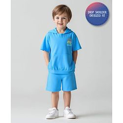 Bonfino 100% Cotton Knit Half Sleeve Hooded Oversized T-Shirt & Shorts Set with Front & Back Beach Theme Print - Blue