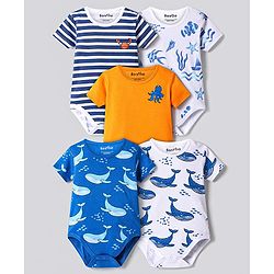 Bonfino 100% Cotton Knit Half Sleeves Onesies with Stripes & Sea Life Print Pack of 5 - White Blue & Orange