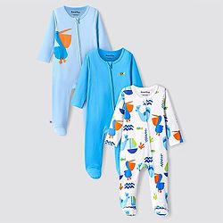 Bonfino 100% Cotton Knit Full Sleeves Footed Sleep Suits with Sea Life Print Pack of 3 - Blue & White