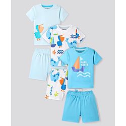 Bonfino Cotton Knit Half Sleeves T-Shirts & Short Night Suits with Nautical Theme Print Pack of 3 - Light Blue & White