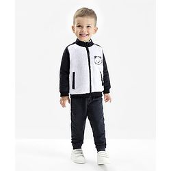 Bonfino Woven Full Sleeves Winter Jacket With Bear Patch - Black & White