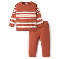 Bonfino 100% Cotton Knitted Full Sleeves Striped Sweater Set - Rust Orange & White